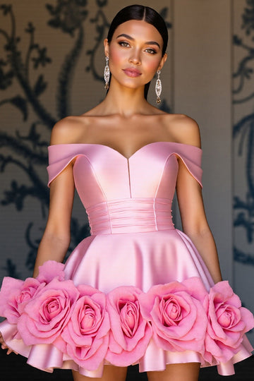 Off The Shoulder Satin Pink Homecoming Dress with 3D Flowers